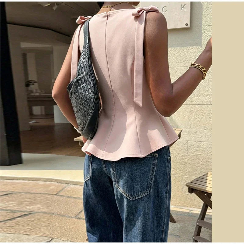 Lace Up Bow Detail Round Neck Sleeveless Top For Women