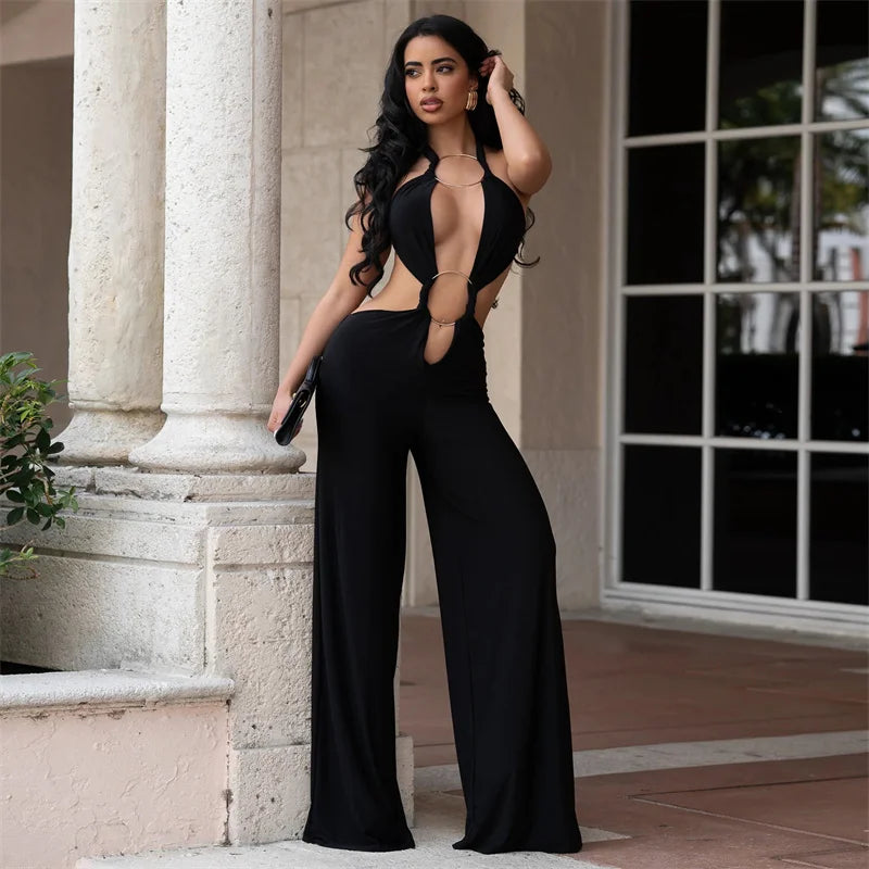 Metal Ring Bandage Hollow Out Halter Backless One Piece Jumpsuit for Women