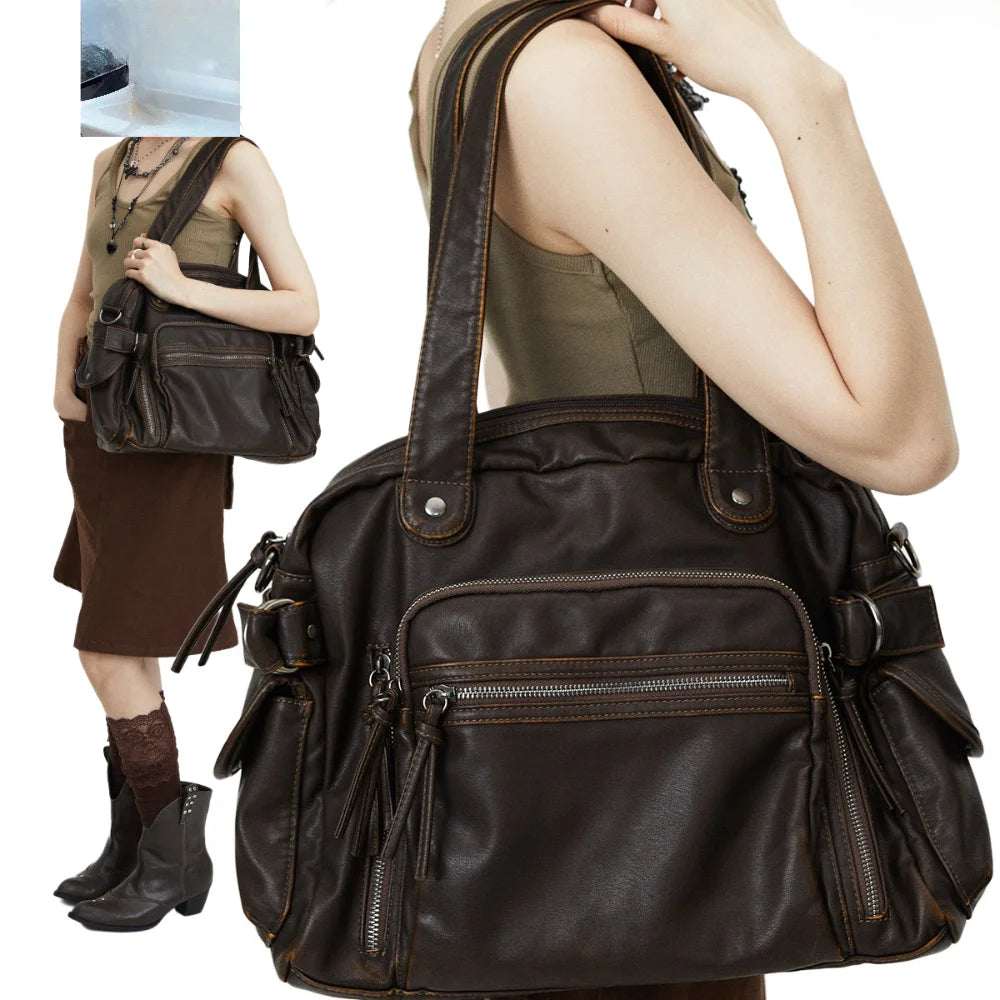 Y2K Punk Soft Faux Leather Multi Pocket Shoulder Bag for Women