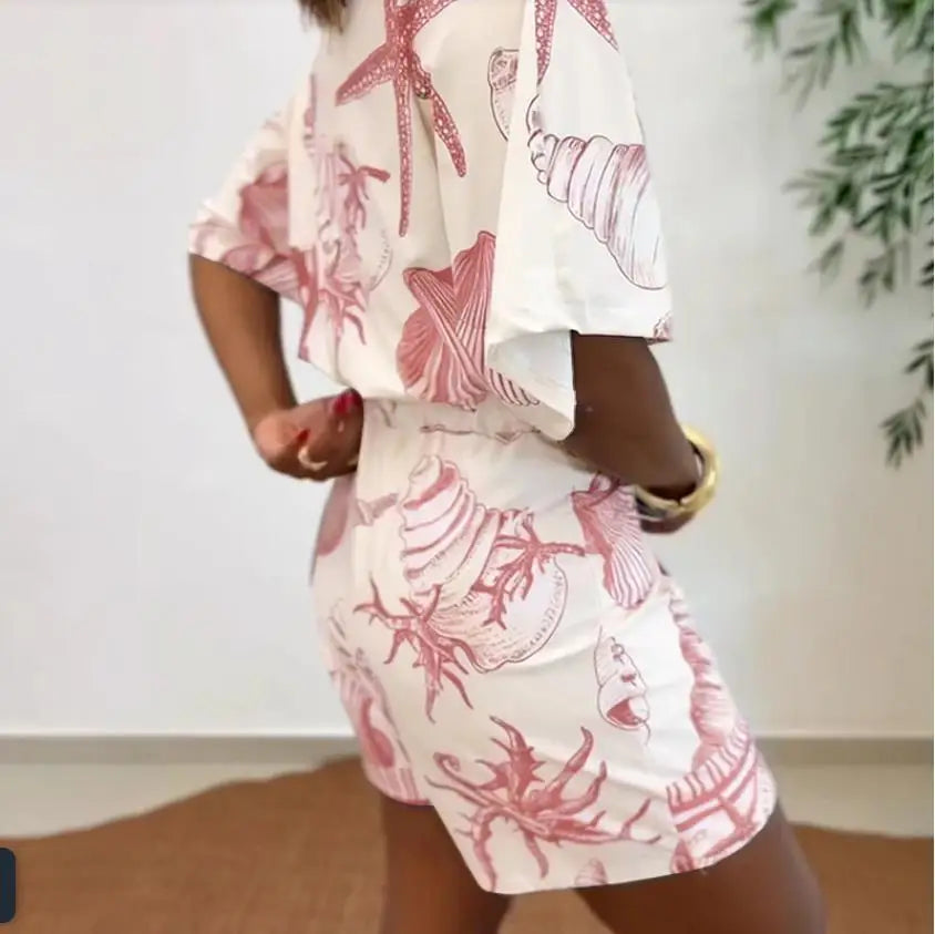 Seashell Starfish Print Wrap V Neck Short Sleeve Lace Up Romper for Women