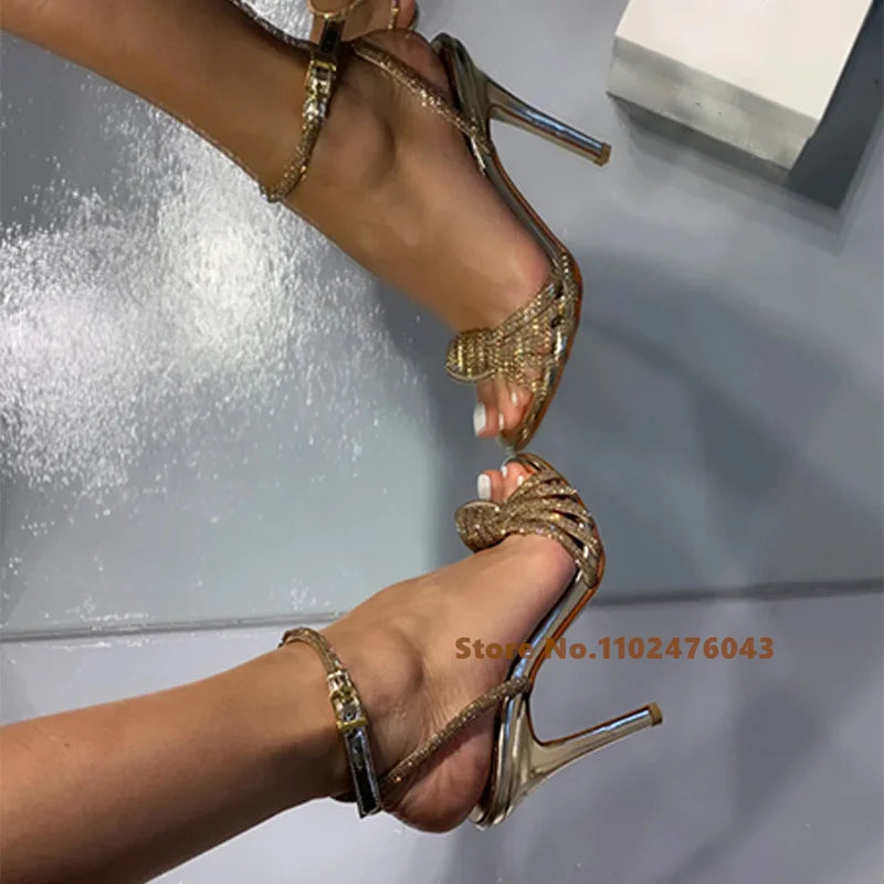 Women Sandals Sexy High Heels Peep Toe Rhinestones Summer New Brown Crystal Buckle Strap Stiletto Heel Party Dress Sandals