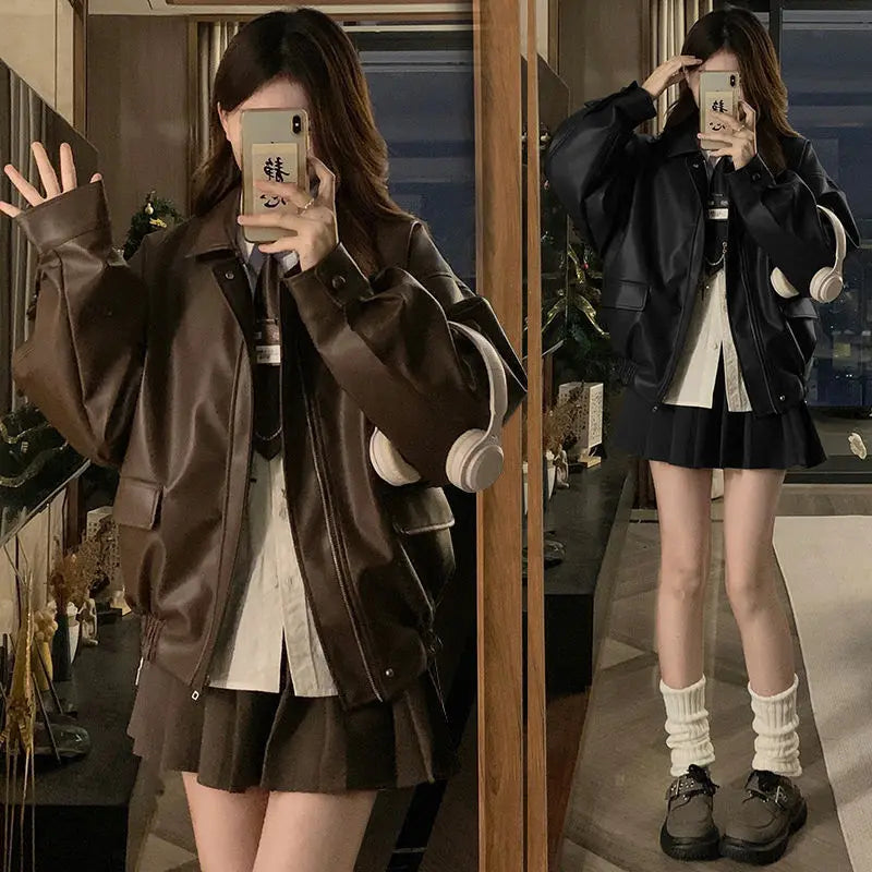 Short American Retro PU Leather Baseball Jacket for Women