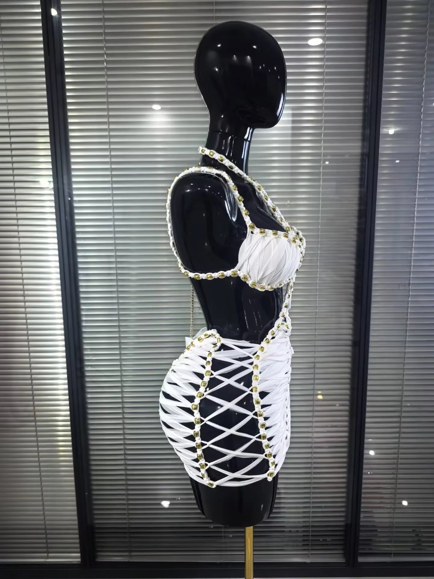 New White Color Women Sexy Halter Hollow Out Bodycon Mini Dress Celebrate Nightclub Party Bar Singer TV Show Performance Costume
