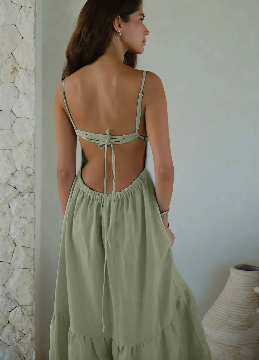 Loose Backless A Line Cotton Beach Maxi Dress for Women