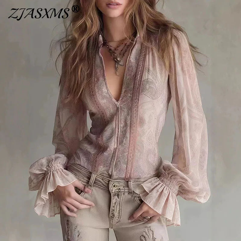 Retro Lace Trim Sheer V-Neck Lantern Sleeve Blouse for Women