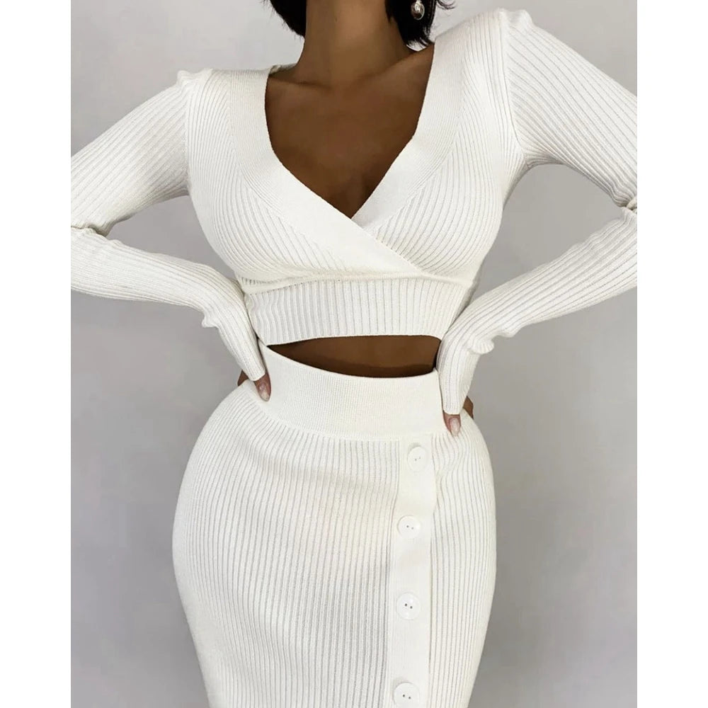 Casual Autumn Women V-Neck Long Sleeve Ribbed Knit Top & Button Slit Midi Skirt Set Slim Fit Two Pieces Dress Set