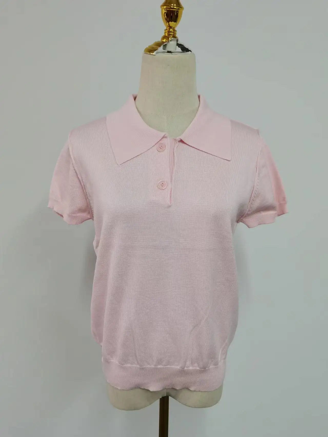 Casual Slim Fit Pink Breathable Knit Polo Top For Women