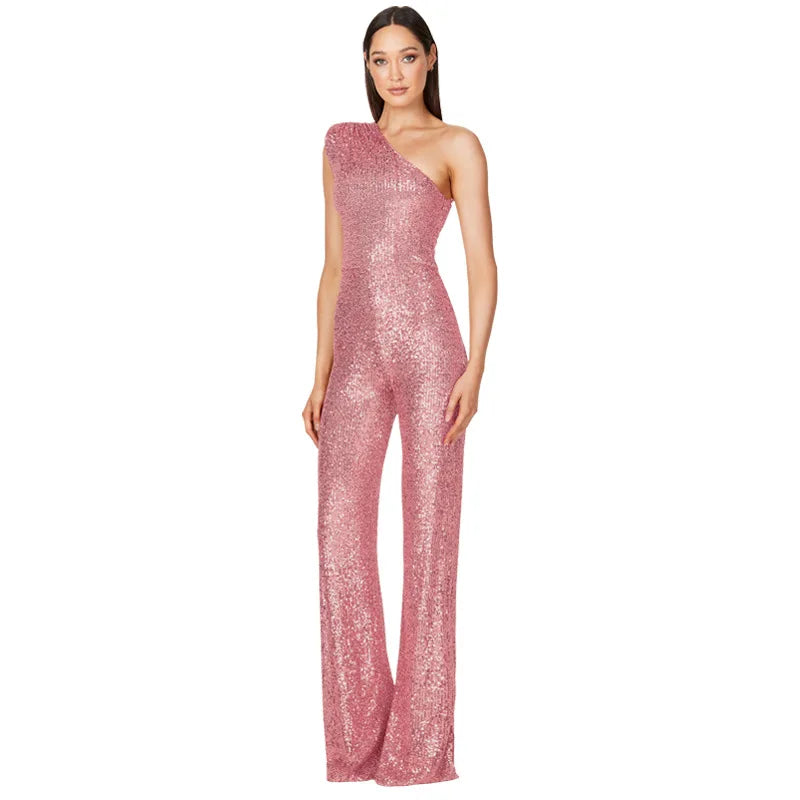 Sequined One Shoulder Wide Leg Jumpsuit