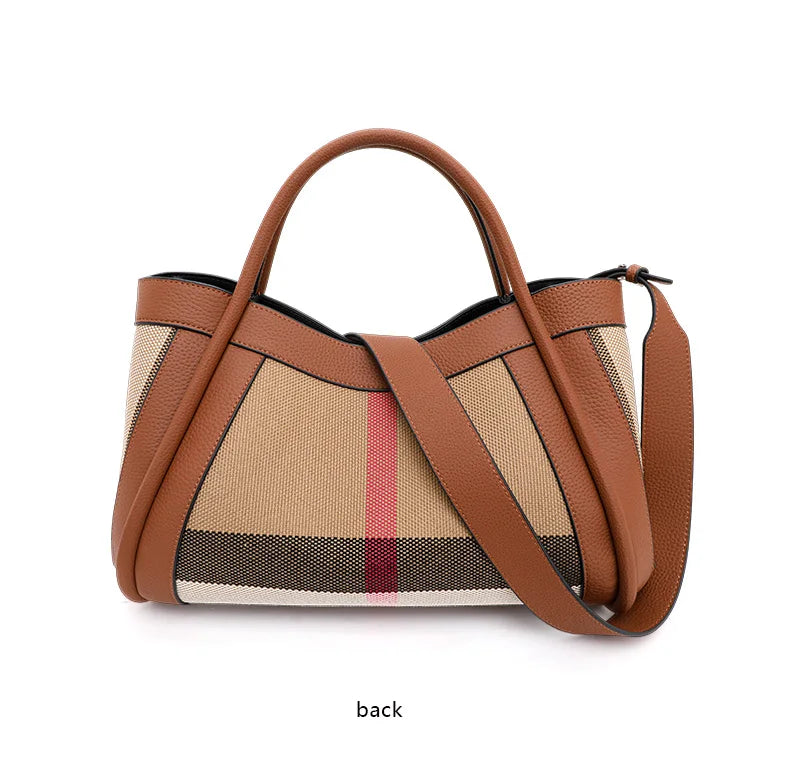 Retro Checkered Large Capacity Canvas And Leather Handbag for Women