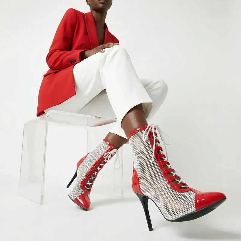 Breathable Mesh Pointy Toe Lace Up Thin Heel Ankle Boots for Women