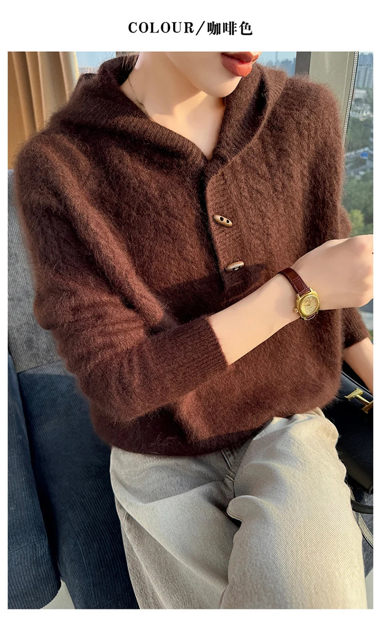 Chunky Knit Loose Hooded Pullover Sweater for Women
