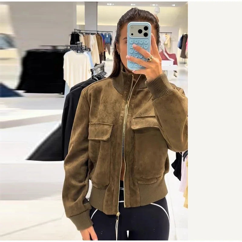 Vintage Suede Long Sleeve Jacket with Pockets for Women