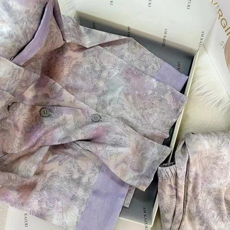Flowers Twill Print Classy Women's Pajamas Spring Autumn Two-piece Sets Long Female Lounges Simulated Silk 2024 New Y2k Homewear