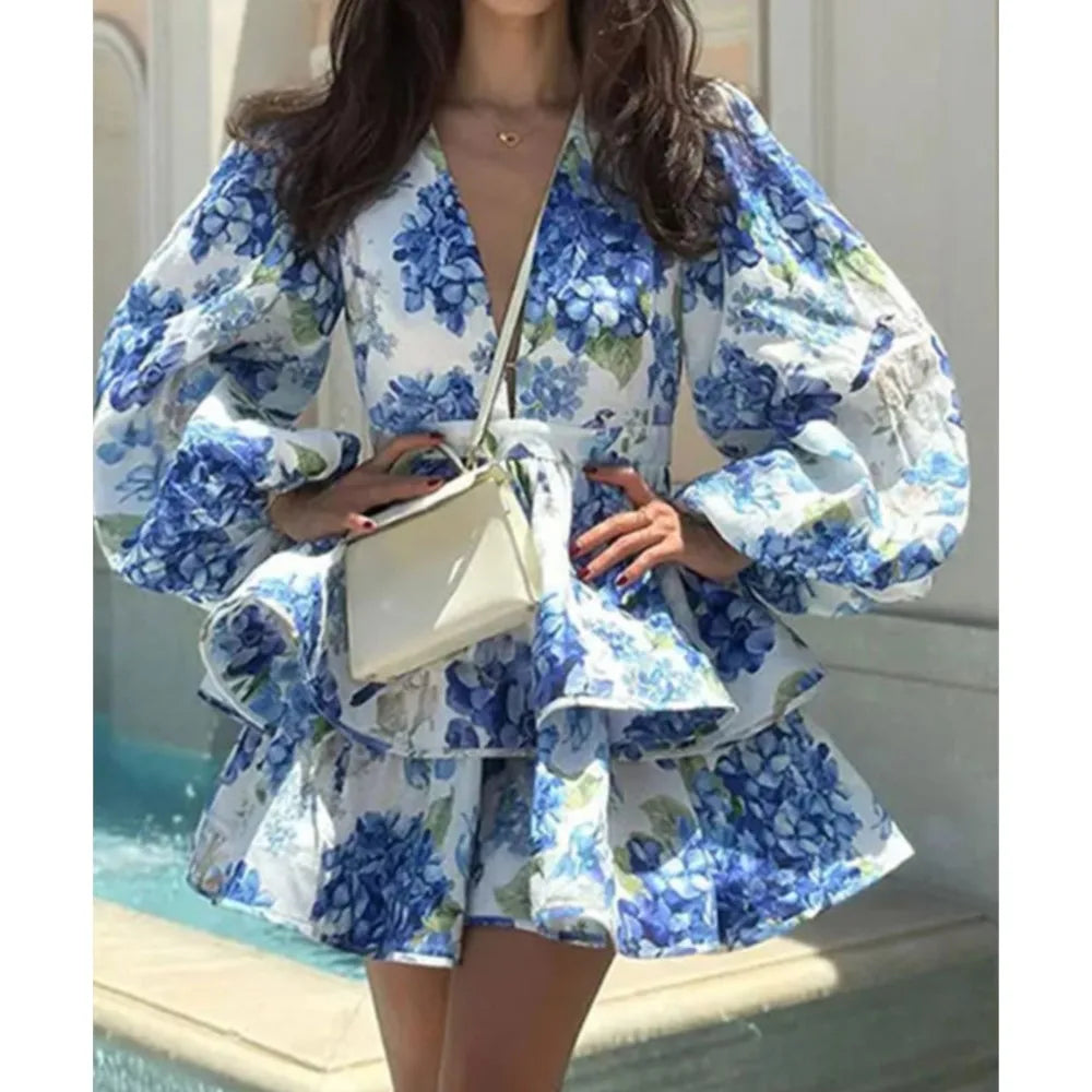 Elegant Deep V Neck Bubble Long Sleeve Patchwork Printed Mini Dress for Women