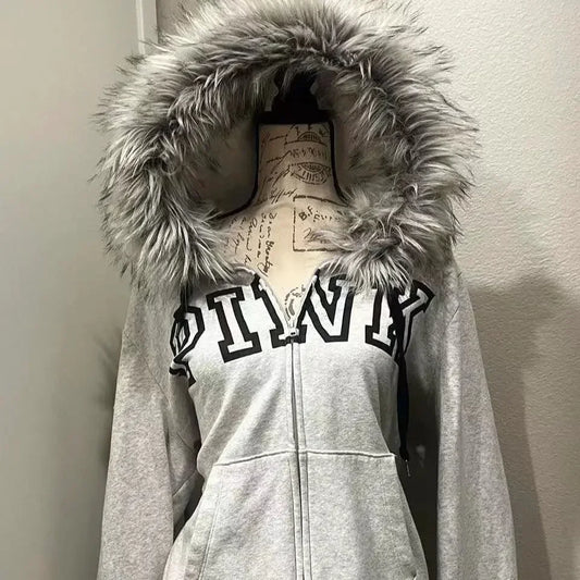 Annual New Y2K Letter Printed Plush Collar Hooded Zipper Jacket Women's Casual Thickened Solid Color Street Fashion Cardigan Top