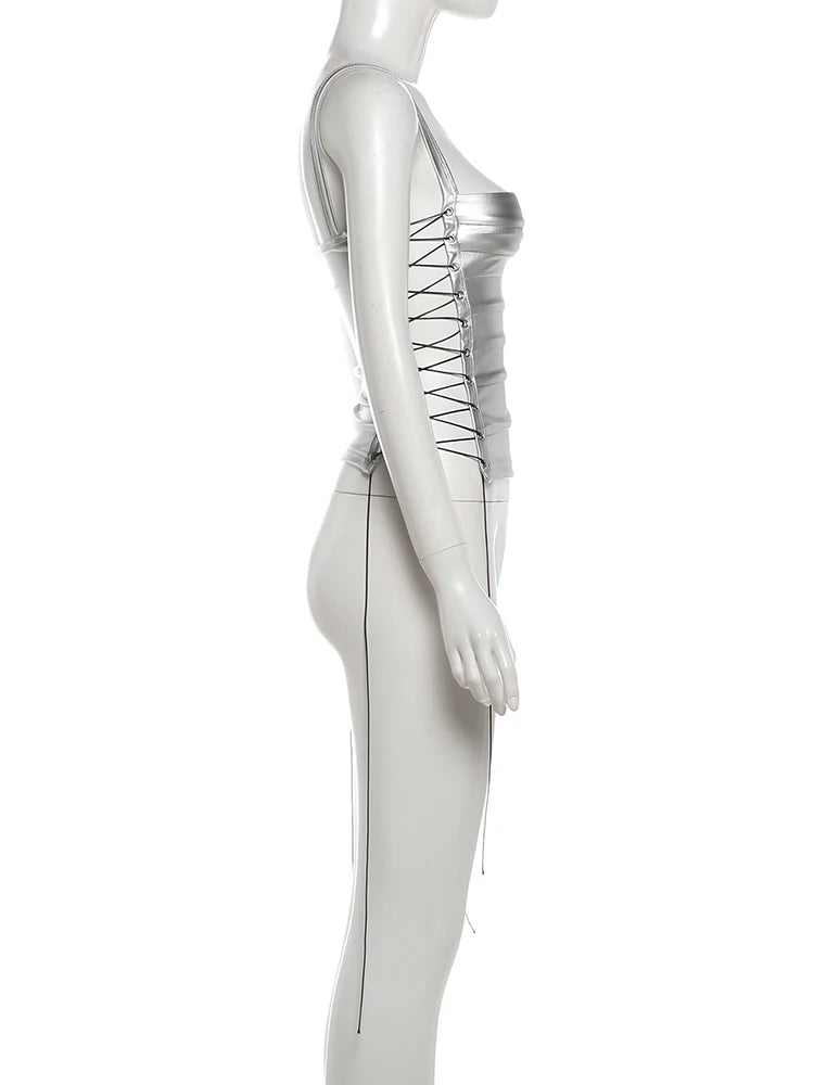 Nibber Fashion Style y2k Tops Camisole Women Summer Tops Shirring Ruched Slim Shiny Skinny Hollow Sexy Hot Chick Club Tanks Top