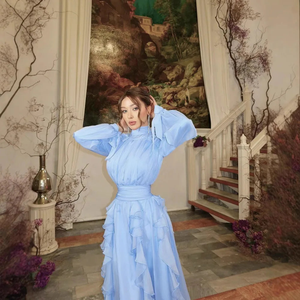 Light Blue Solid Color Long Lantern Sleeve Floor Length Dress for Women