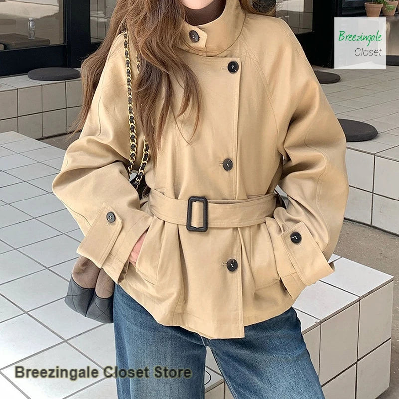 Solid Color Short Stand Collar Windbreaker Coat For Women