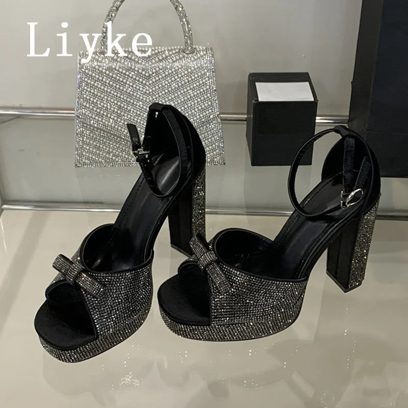 Crystal Bowknot Open Toe Platform Sandals for Women