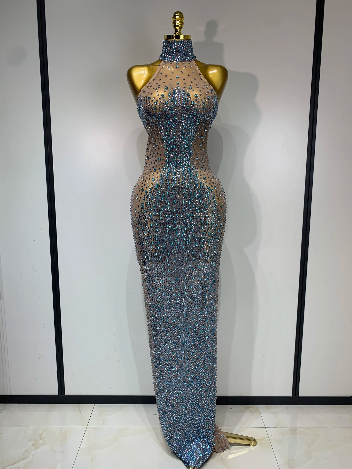 2025 New Sleeveless Mesh See Through Long Dress Sexy Backless Sparkly Rhinestone Dress Celebration Festival Evening Party Gowns