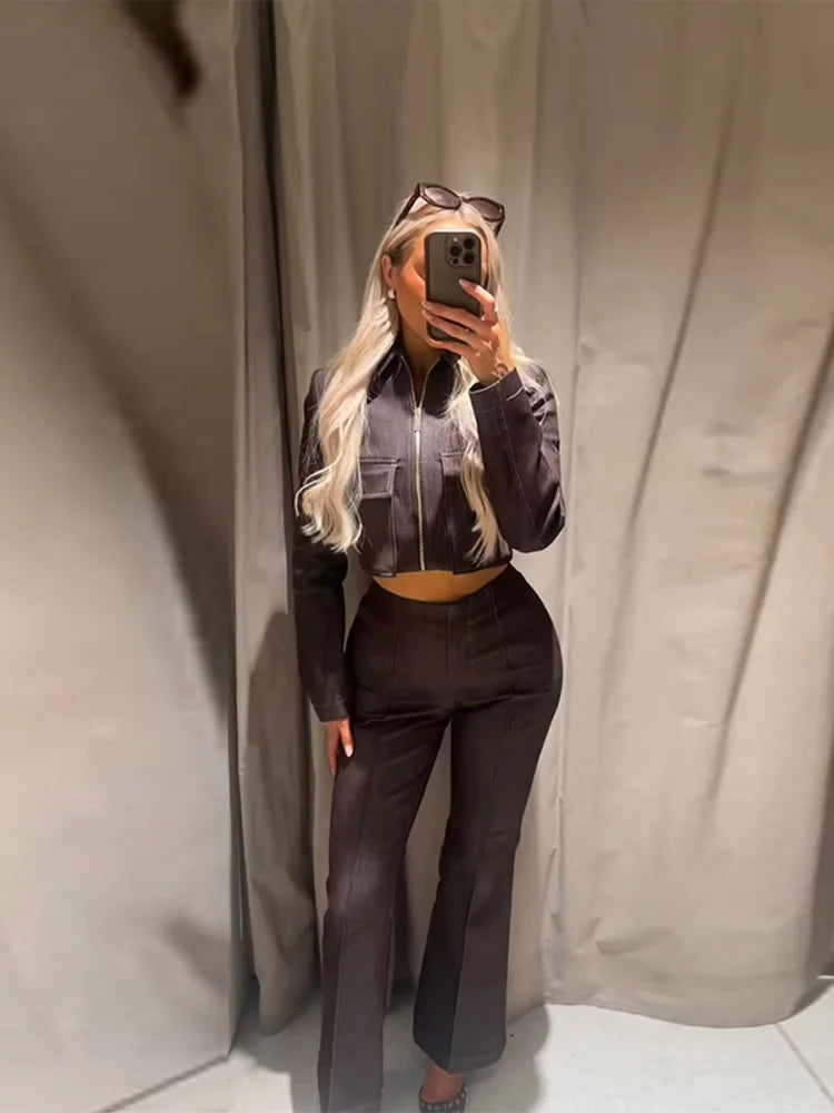 Vintage Turn Down Collar Denim Coat And Pants Set for Women