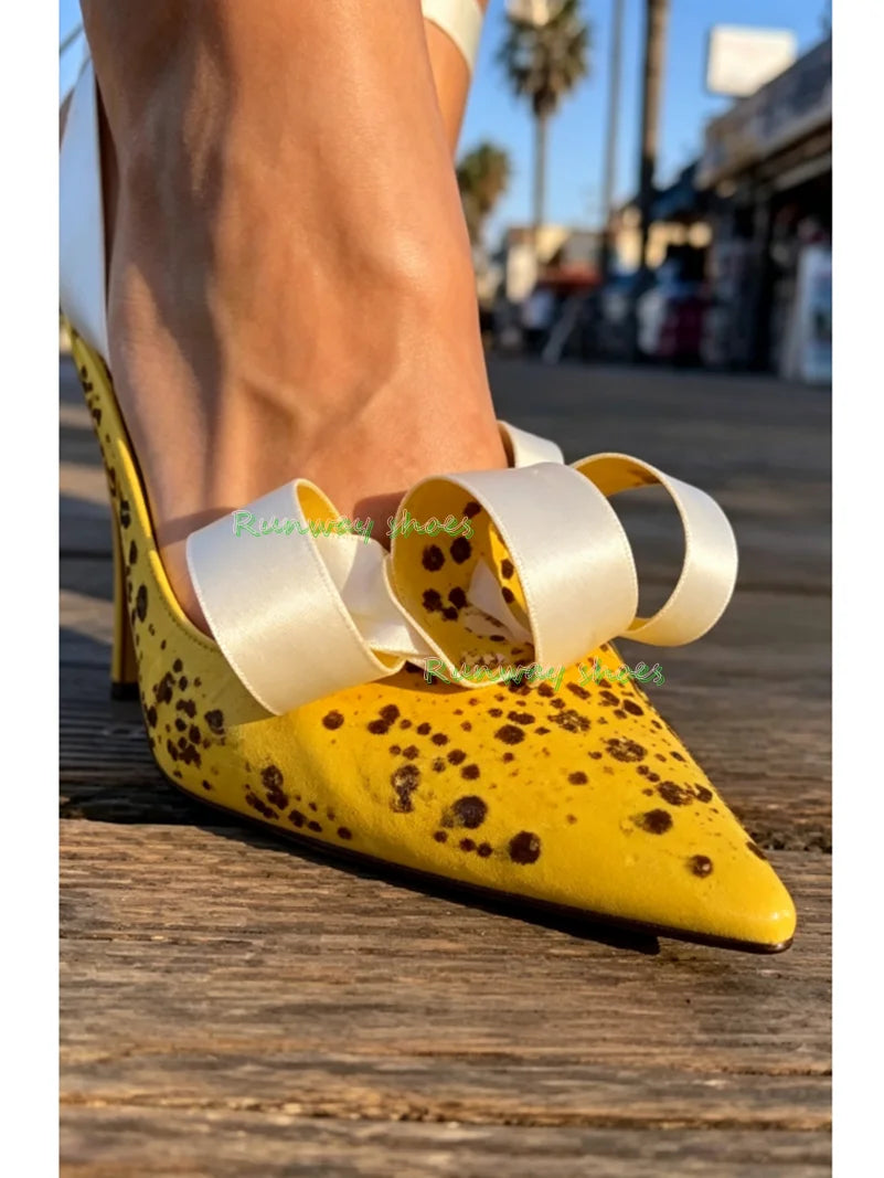 Bright Yellow Silk Pointed Stiletto Heels With Ankle Strap For Women