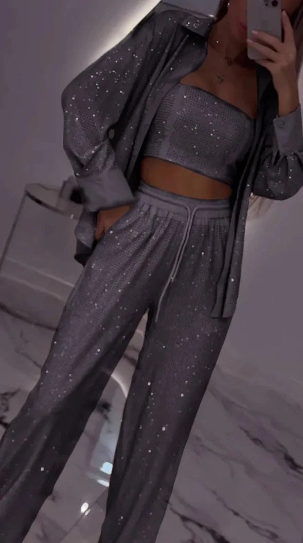 Casual Sequined Blazer With Wide Leg Pants Set For Women