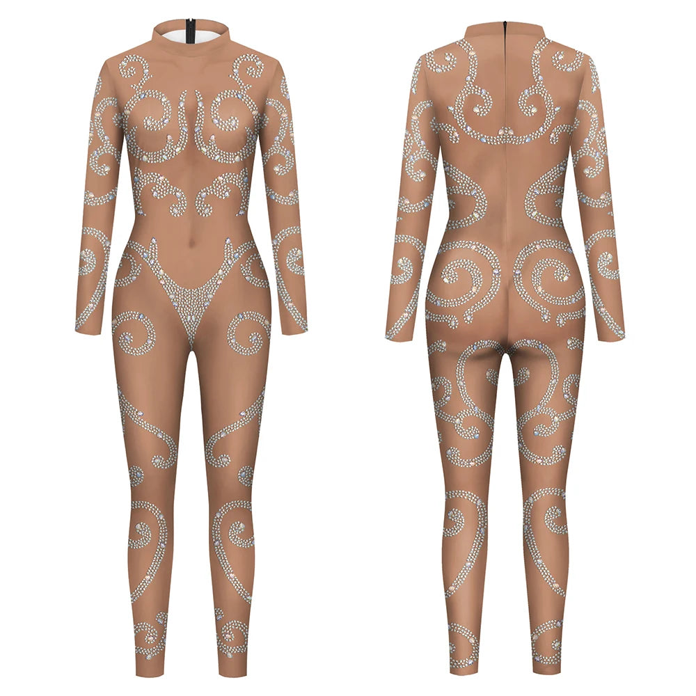 Elegant Skin Color Rhinestone Print Jumpsuit for Women