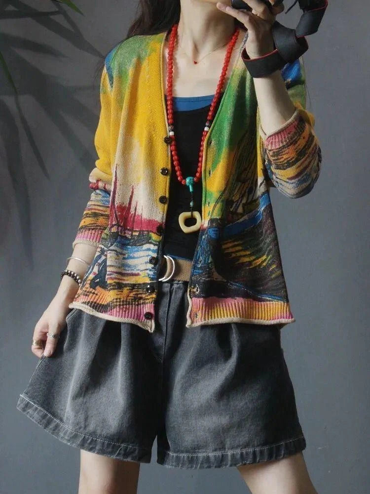 Women's Cardigans Loose V Neck Graphic Ladies Knit Sweaters Outerwear Fall 2025 Lightweight Korean Streetwear Fashion Hot Y2k