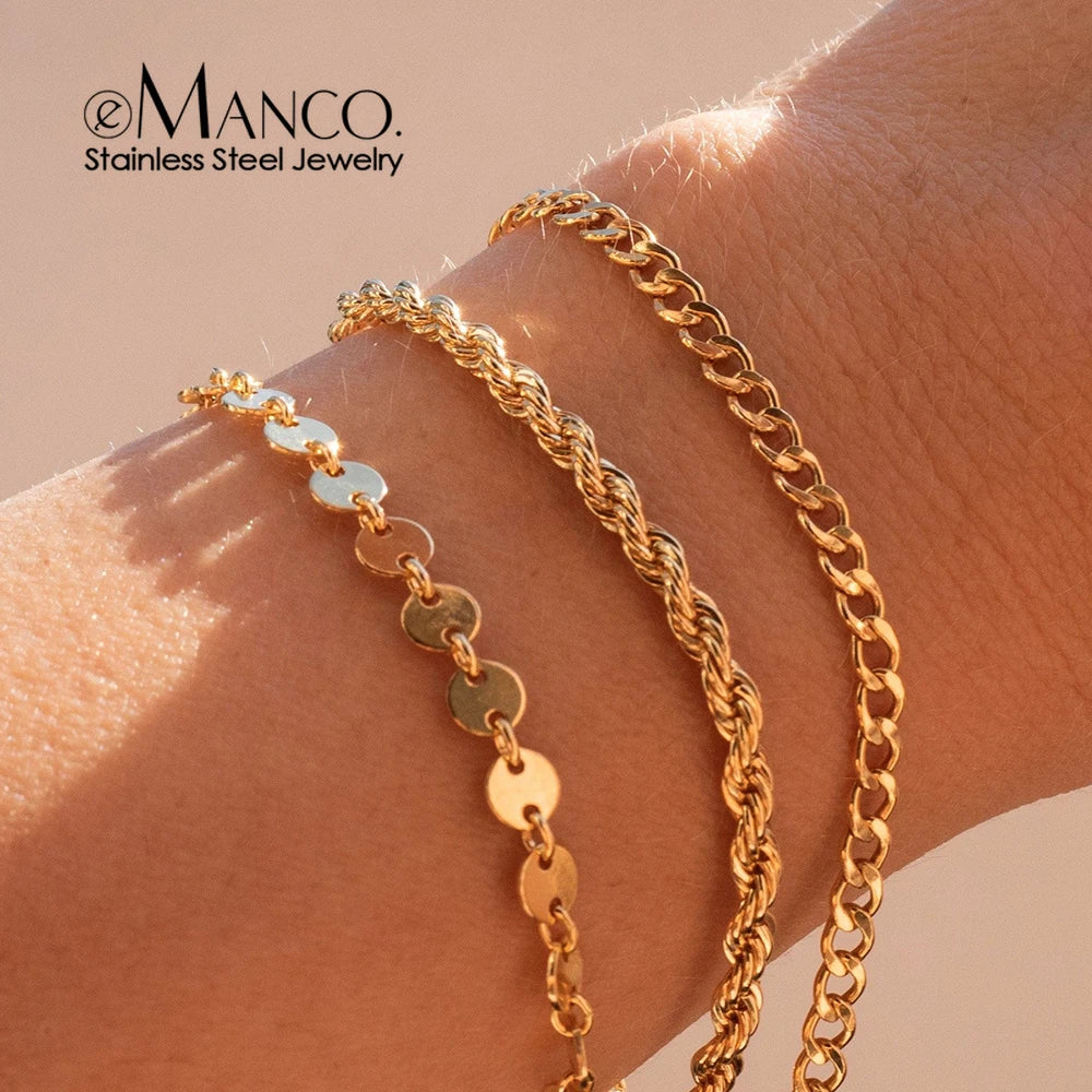 Gold Tone Stainless Steel Figaro Chain Bracelet for Women