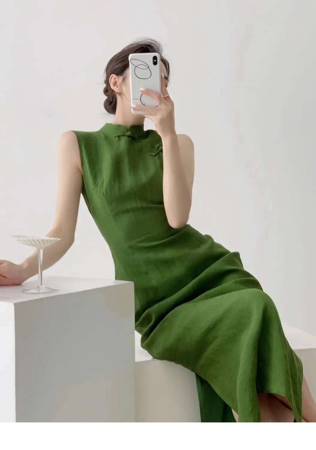 Moss Green Retro Chinese Style Cheongsam Dress for Women