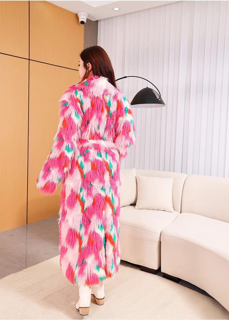 Colorful Plush Oversized Faux Fur Maxi Coat for Women