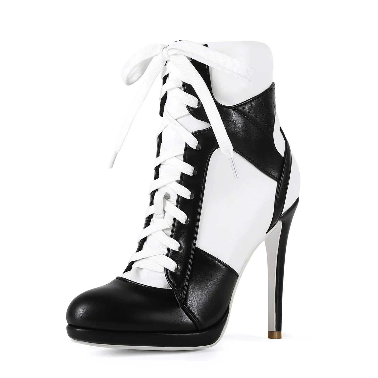 Plus Size Black White Lace-Up Stiletto Mid-Calf Boots For Women