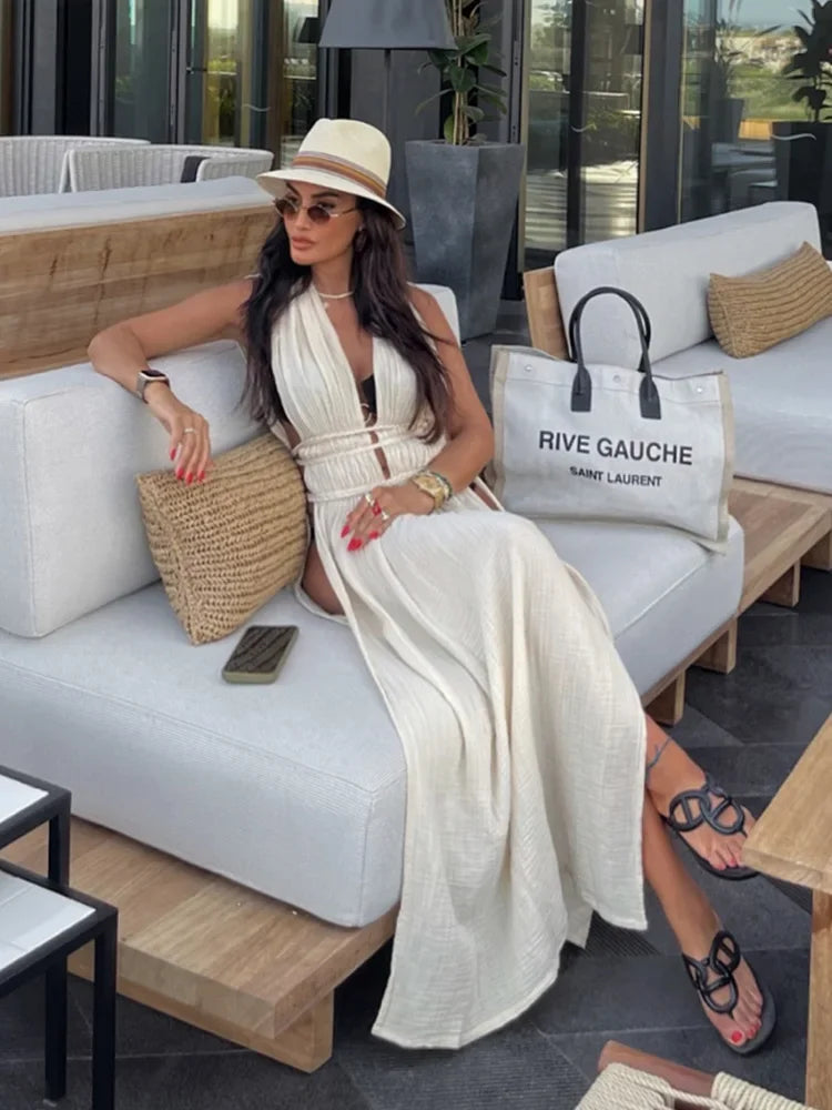 2025 Sexy Swimsuit Cover Up V Neck Back Open Beach Maxi Dress For Women Braided Belt Slit Long Tunic Vintage Party Dresses A2922