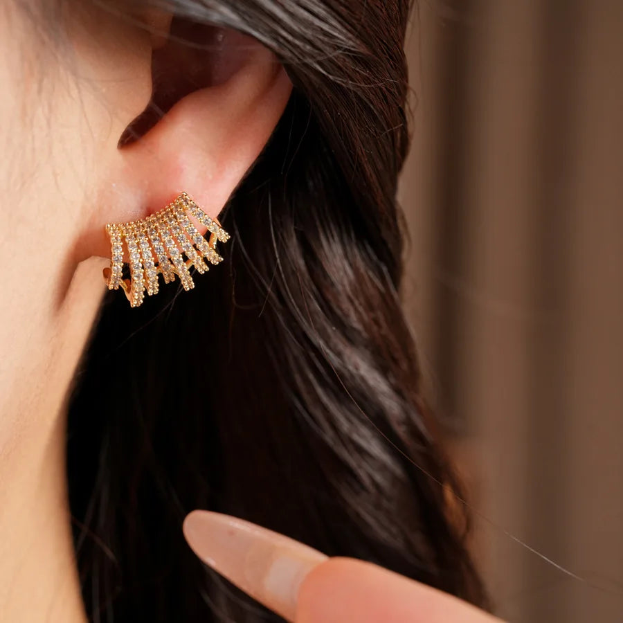 Gold Tone Curved Cubic Zirconia Earrings