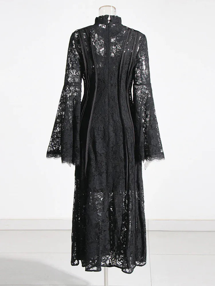 TWOTWINSTYLE Patchwork Lace Slimming Dresses For Women Stand Collar Flare Sleeve High Waist Solid Elegant Dress Female Fashion