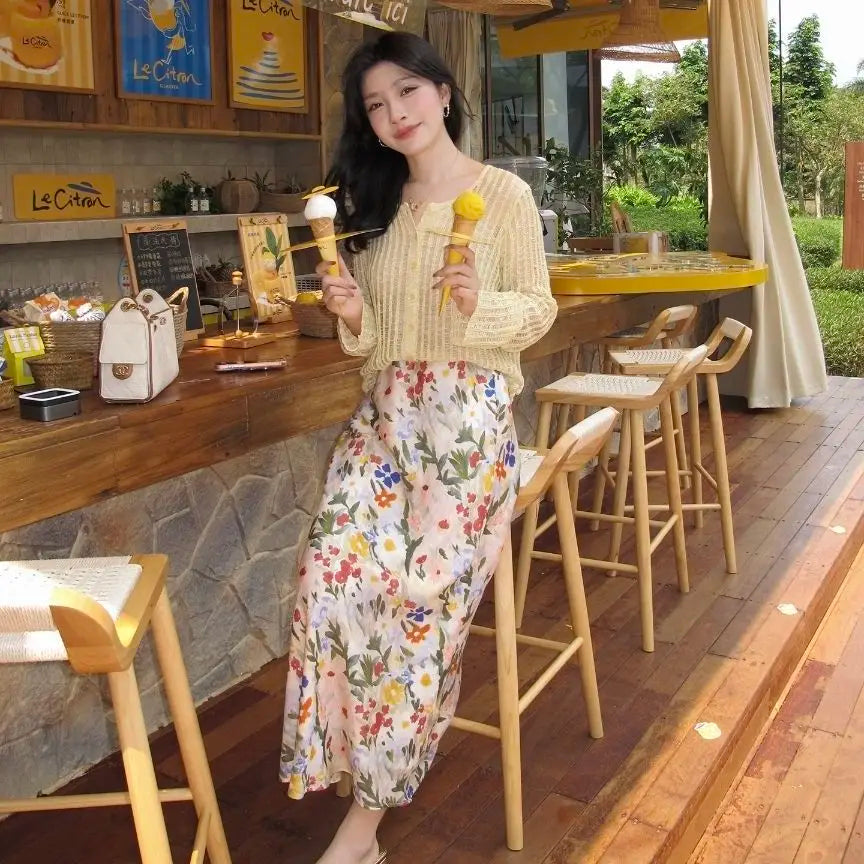 High Waist Painterly Print Satin Midi Dress For Women