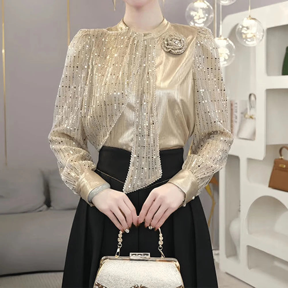 Chiffon Loose Small Stand Up Collar Bow Blouse for Women
