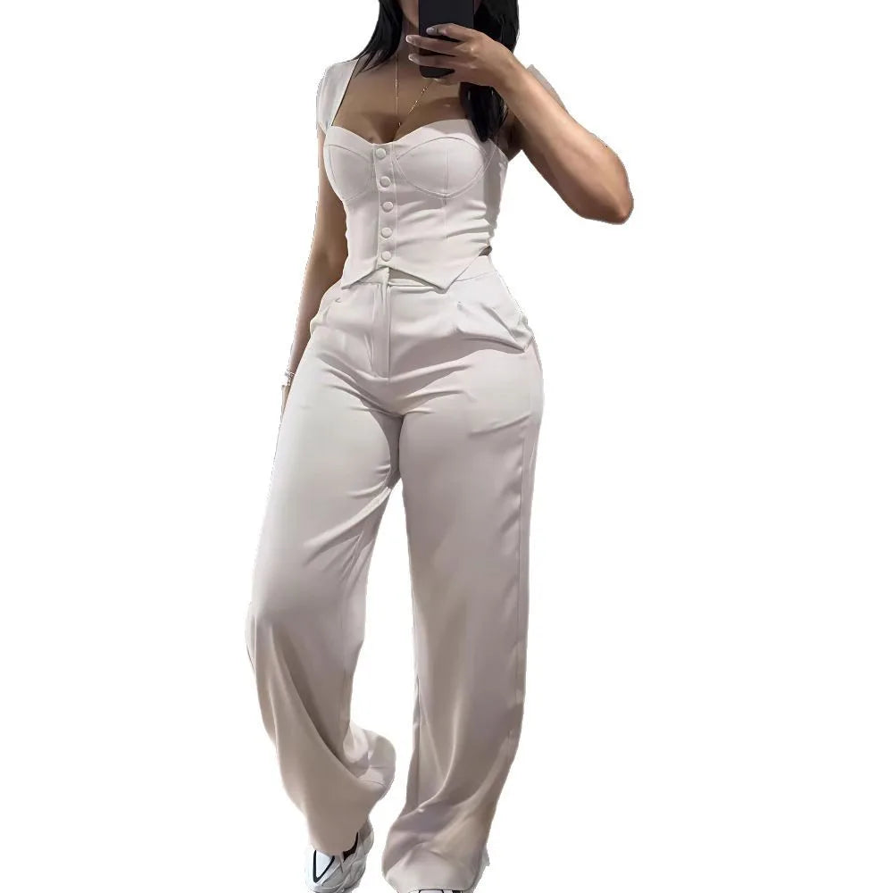 Elegant Solid Color Strapless Suspender Vest Trousers Two-Piece Set for Women