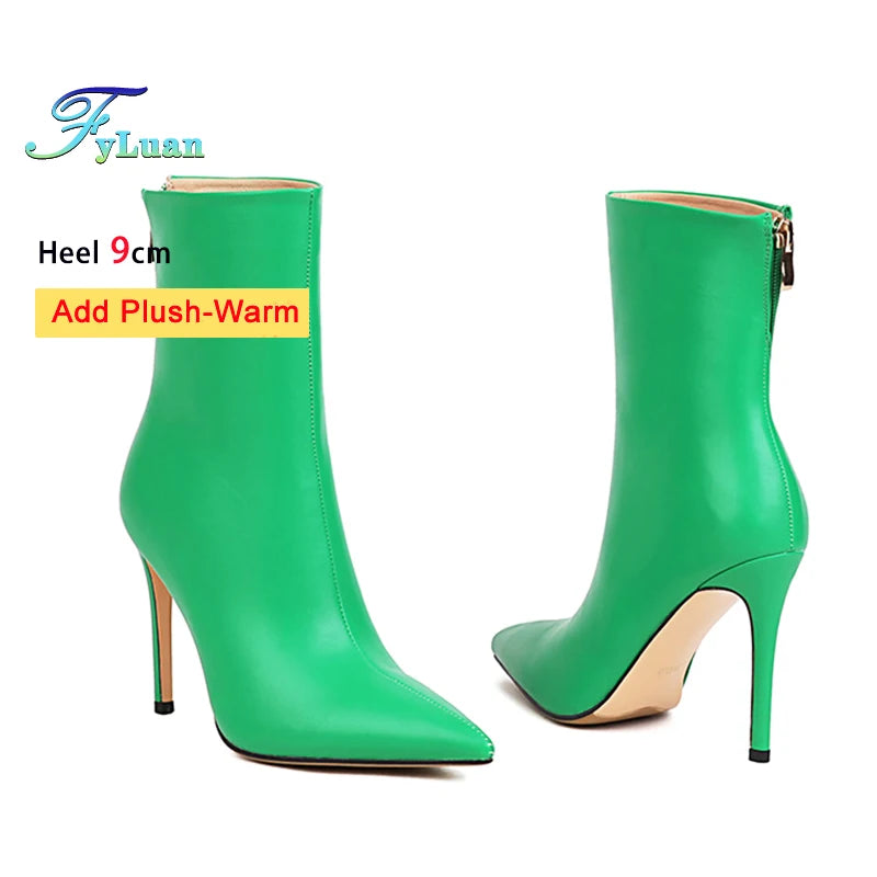 Elegant Plus Size Leather Pointed Toe High Heel Ankle Boots for Women