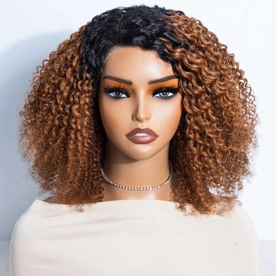 Ombre Brown Kinky Curly Glueless Bob Lace Wig for Women