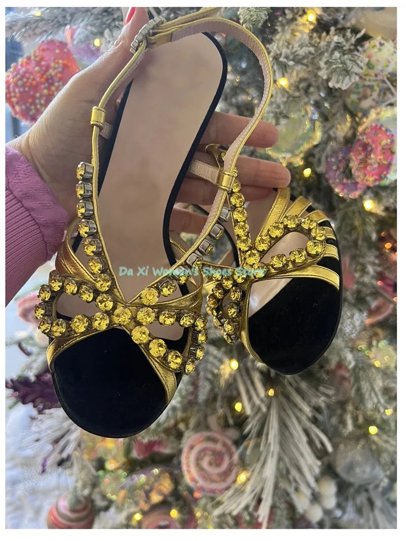 Rhinestone Bow Open Toe Velvet Stilettos for Women