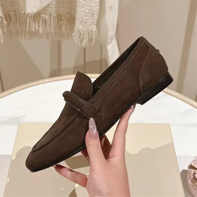 Classic Suede Leather Round Toe Loafers for Women