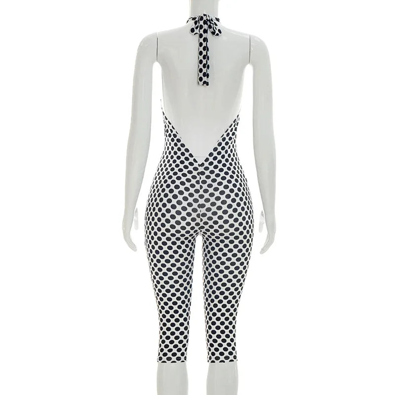 Patchwork Polka Dot Halter Bodycon Romper for Women