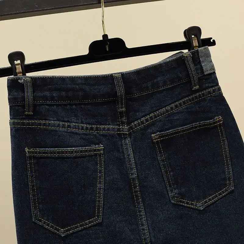 High Waist Split A-Line Denim Midi Skirt With Pockets For Women