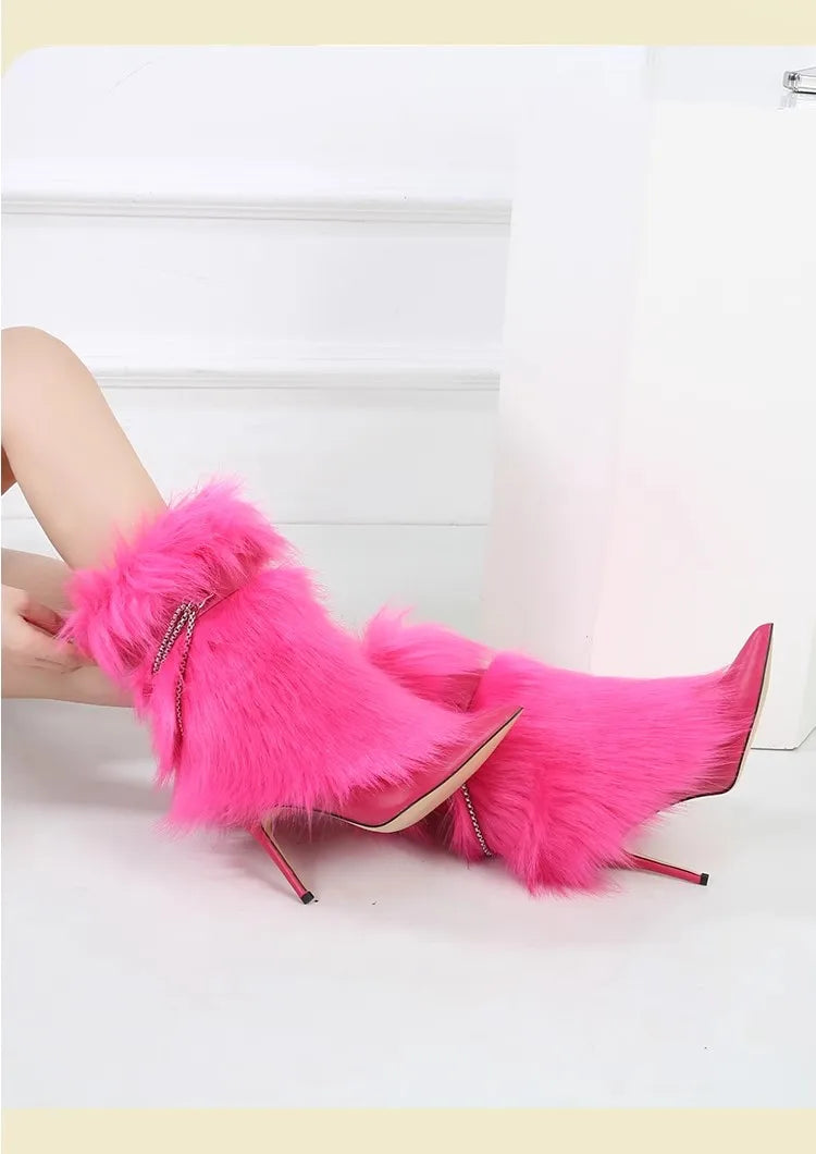 Fuchsia Faux Fur Buckle Ankle Boots