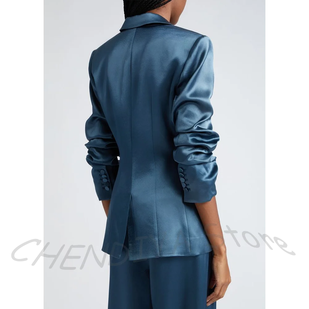 Women's Two Pieces Set Satin Peaked Lapel Elegant Fashion Single Button Straight Professional Tailor-Made Jacket with Pants