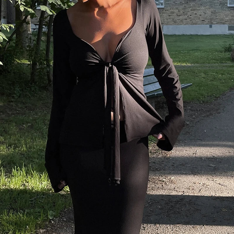 Y2K Cottage Retro Grunge Crop Tops Clothes Elegant Front Tie Up V Neck T-shirt 90s Vintage Chic Women Long Sleeve Blouse Tees