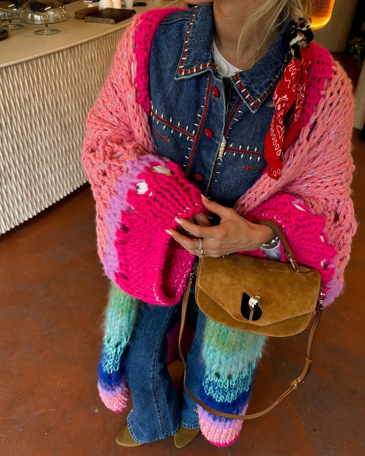 Boho Colorful Luxuriously Handknit Bell Sleeve Crochet Loose Kimono Cardigan 2024 Women Fall Winter Coat Beach Coverup Dress K12