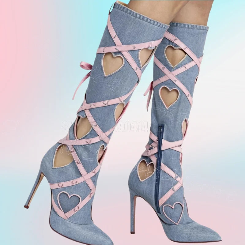 Chunky Heel Pointy Toe Denim Boots With Side Zipper For Women